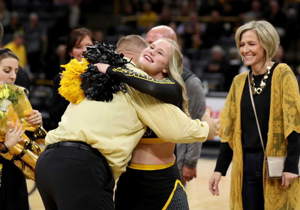 The Iowa Cheerleaders and Dance Team perform on senior night at half-time of the Iowa Hawkeyes game against the Purdue Boilermakers Tuesday, March 3, 2020 at Carver-Hawkeye Arena. (Brian Ray/hawkeyesports.com)
