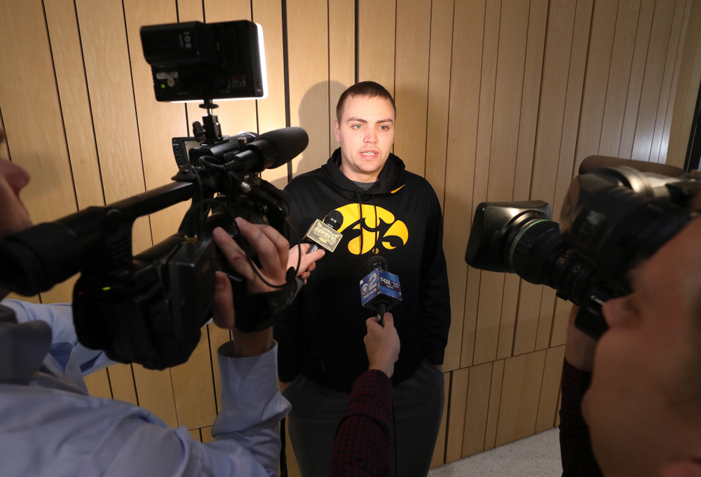 Iowa Hawkeyes quarterback Nate Stanley (4) answers questions from the media on the Hawkeyes selection to face USC in the 2019 Holiday Bowl Sunday, December 8, 2019 at the Hansen Football Performance Center. (Brian Ray/hawkeyesports.com)
