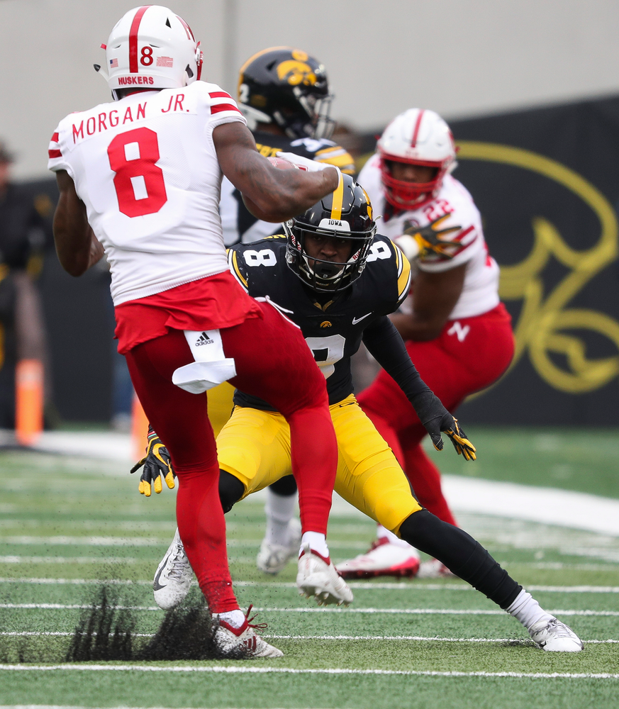 Iowa Hawkeyes defensive back Matt Hankins (8) makes a tackle during a game against Nebraska at Kinnick Stadium on November 23, 2018. (Tork Mason/hawkeyesports.com)