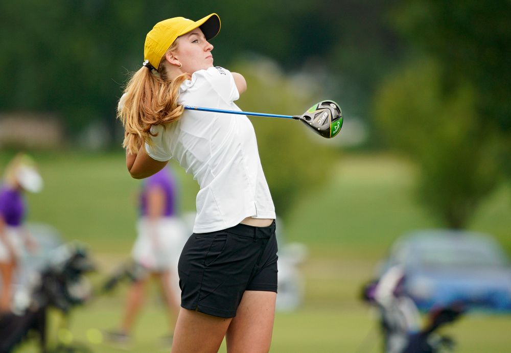 Iowa’s Annalee Dannegger tees off during their dual against Northern Iowa at Pheasant Ridge Golf Course in Cedar Falls on Monday, Sep 2, 2019. (Stephen Mally/hawkeyesports.com)