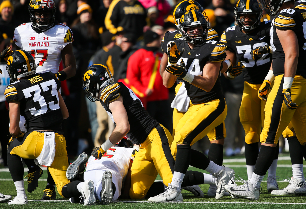 Iowa Hawkeyes linebacker Kristian Welch (34) reacts after making a tackle during a game against Maryland at Kinnick Stadium on October 20, 2018. (Tork Mason/hawkeyesports.com)