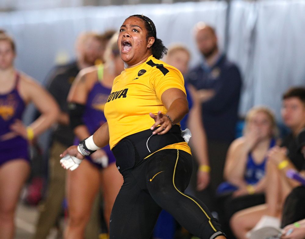 Iowa’s Laulauga Tausaga competes in the women’s shot put event at the Black and Gold Invite at the Recreation Building in Iowa City on Saturday, February 1, 2020. (Stephen Mally/hawkeyesports.com)