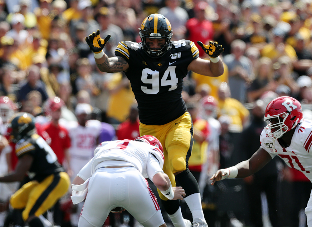 Iowa Hawkeyes defensive end A.J. Epenesa (94) against the Rutgers Scarlet Knights Saturday, September 7, 2019 at Kinnick Stadium. (Brian Ray/hawkeyesports.com)