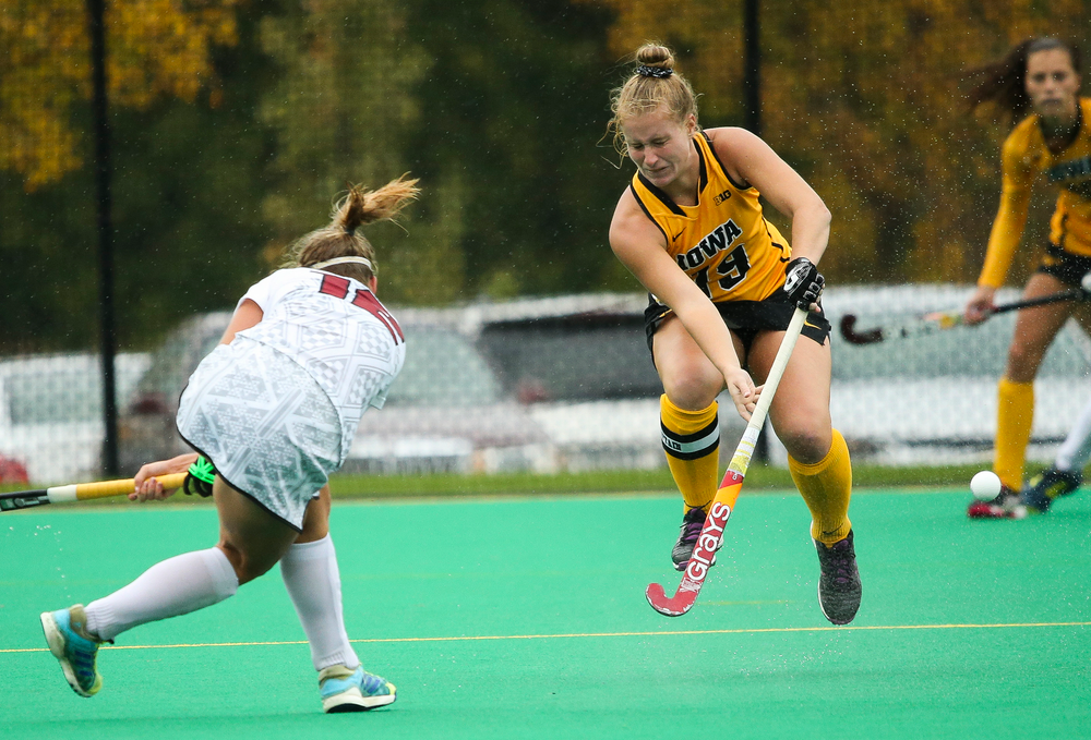 Iowa Hawkeyes forward Ryley Miller (19) defends during a game against Stanford at Grant Field on October 7, 2018. (Tork Mason/hawkeyesports.com)