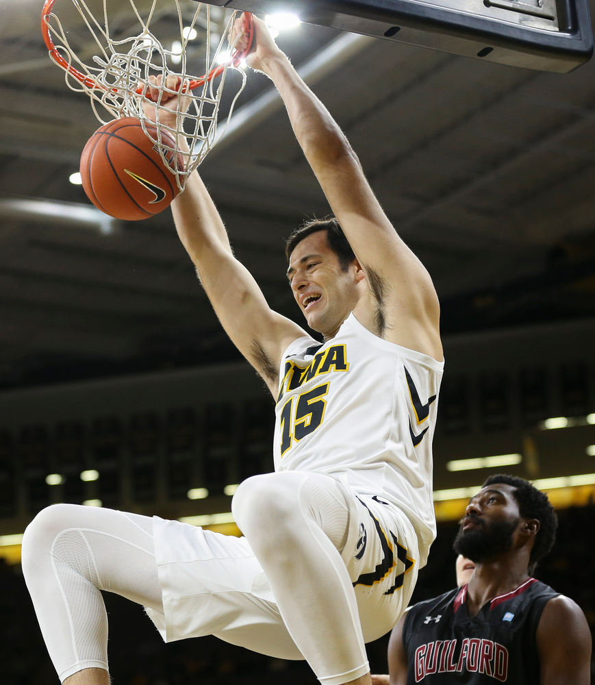 Iowa Hawkeyes forward Ryan Kriener (15) dunks the ball during a game against Guilford College at Carver-Hawkeye Arena on November 4, 2018. (Tork Mason/hawkeyesports.com)