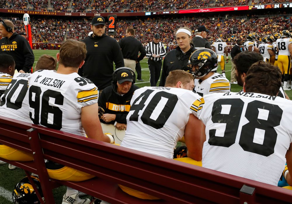 Iowa Hawkeyes defensive line coach Reese Morgan against the Minnesota Golden Gophers Saturday, October 6, 2018 at TCF Bank Stadium. (Brian Ray/hawkeyesports.com)