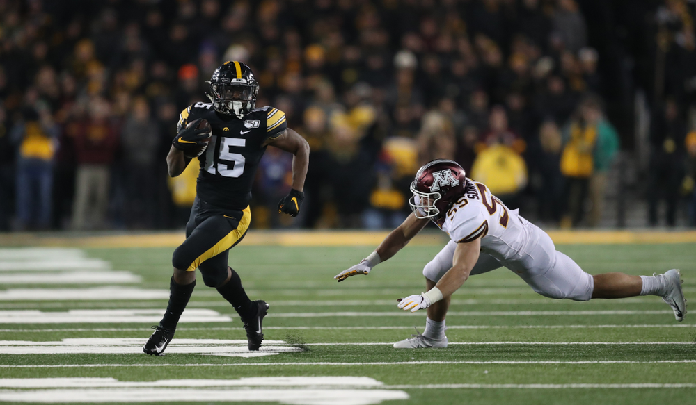 Iowa Hawkeyes running back Tyler Goodson (15) against Minnesota Saturday, September 28, 2019 at Kinnick Stadium. (Max Allen/hawkeyesports.com)