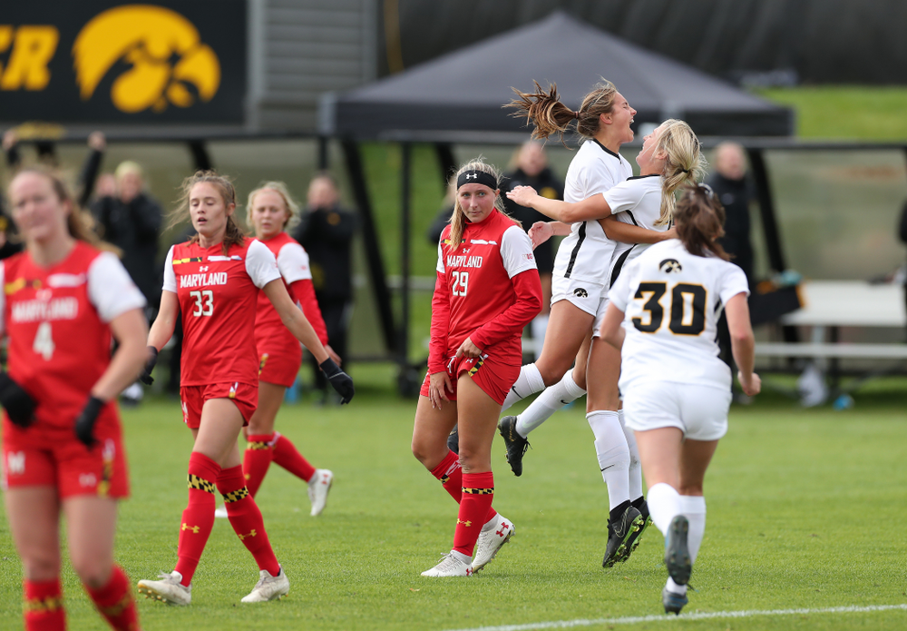 Iowa Hawkeyes midfielder Isabella Blackman (6) celebrates after scoring against the Maryland Terrapins Sunday, October 13, 2019 on senior day. (Brian Ray/hawkeyesports.com)