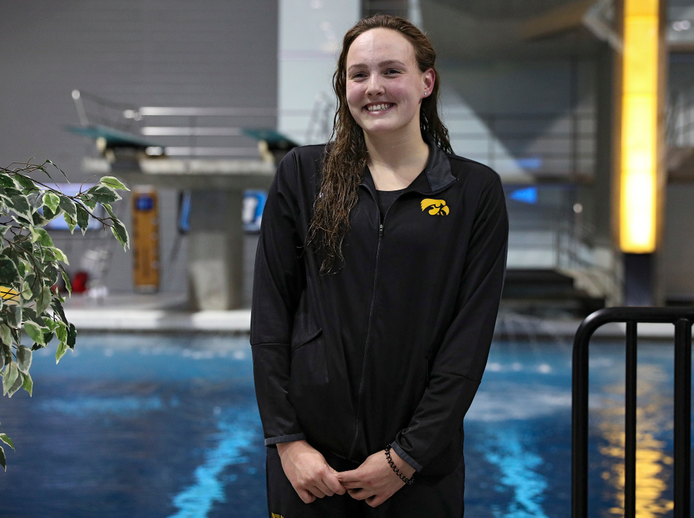 Iowa’s Emilia Sansome on the awards stand after swimming the women’s 200 yard backstroke final event during the 2020 Women’s Big Ten Swimming and Diving Championships at the Campus Recreation and Wellness Center in Iowa City on Saturday, February 22, 2020. (Stephen Mally/hawkeyesports.com)