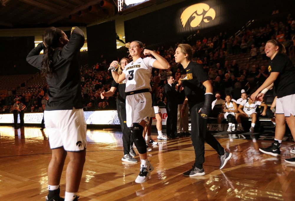 Iowa Hawkeyes guard Makenzie Meyer (3) is introduced before a game against North Carolina Central at Carver-Hawkeye Arena on November 17, 2018. (Tork Mason/hawkeyesports.com)