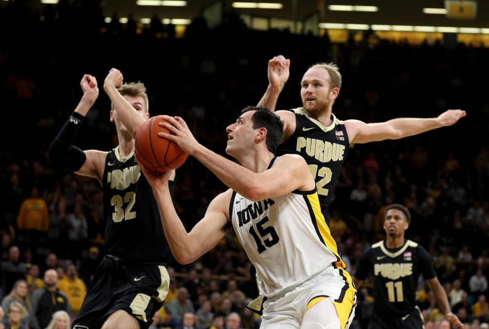 Iowa Hawkeyes forward Ryan Kriener (15) against the Purdue Boilermakers Tuesday, March 3, 2020 at Carver-Hawkeye Arena. (Brian Ray/hawkeyesports.com)