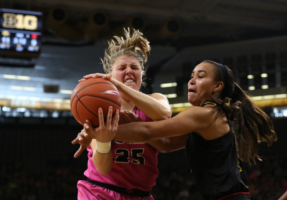 Iowa Hawkeyes forward/center Monika Czinano (25) against the seventh ranked Maryland Terrapins Sunday, February 17, 2019 at Carver-Hawkeye Arena. (Brian Ray/hawkeyesports.com)