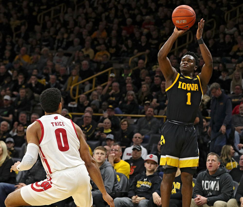 Iowa Hawkeyes guard Joe Toussaint (1) puts up a shot during the first half of their game at Carver-Hawkeye Arena in Iowa City on Monday, January 27, 2020. (Stephen Mally/hawkeyesports.com)