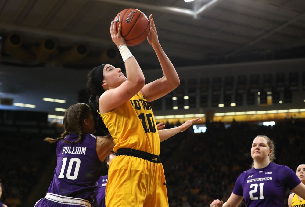 Iowa Hawkeyes forward Megan Gustafson (10) against the Northwestern Wildcats Sunday, March 3, 2019 at Carver-Hawkeye Arena. (Brian Ray/hawkeyesports.com)