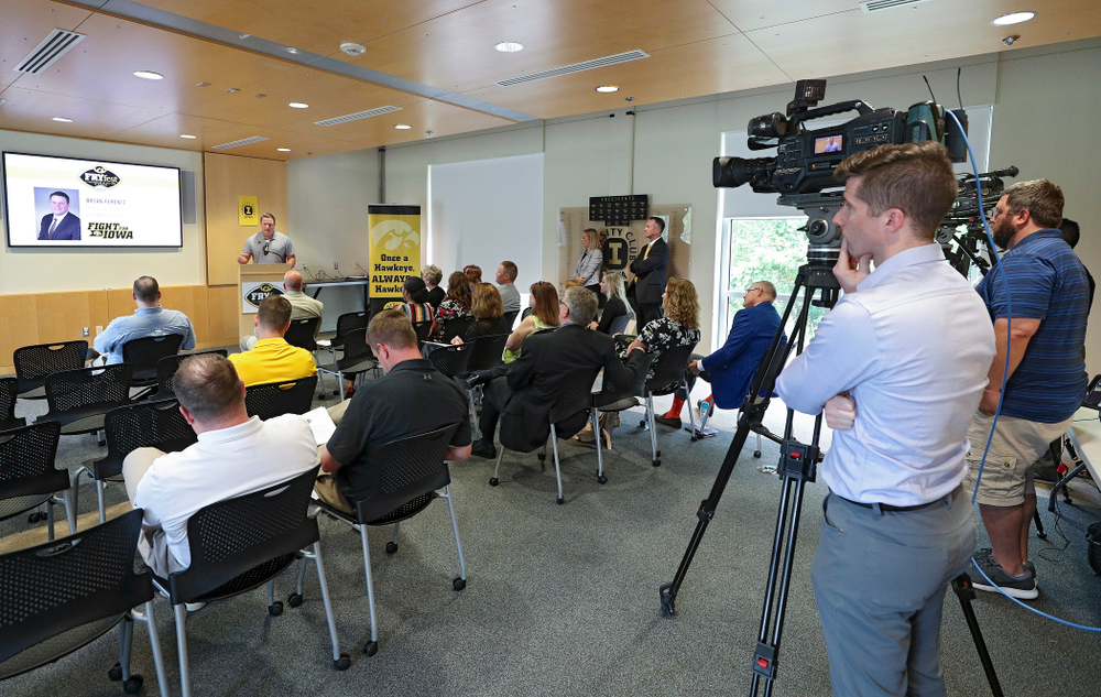 Brian Ferentz, Offensive Coordinator for Iowa Football, speaks during the press conference to discuss FryFEST and announce the 2019 Iowa Athletics Hall of Fame members in the Varsity Club Room at the University of Iowa Athletics Hall of Fame in Iowa City on Tuesday, Jun 11, 2019. (Stephen Mally/hawkeyesports.com)