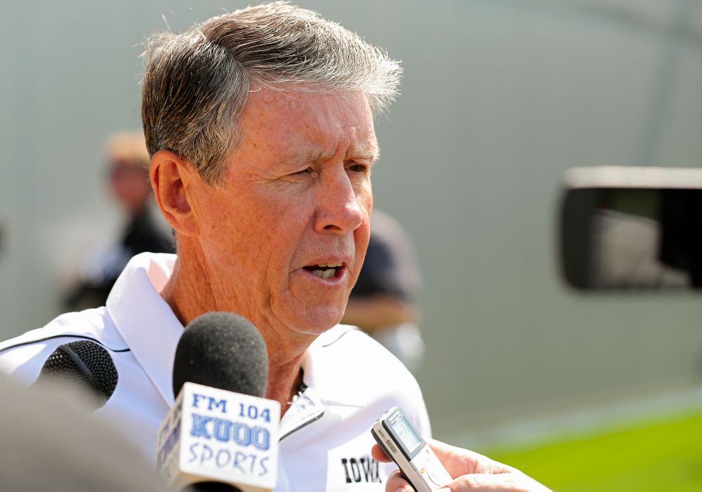 Iowa Hawkeyes quarterbacks coach Ken O'Keefe answers questions during Iowa Football Media Day at the Hansen Football Performance Center in Iowa City on Friday, Aug 9, 2019. (Stephen Mally/hawkeyesports.com)