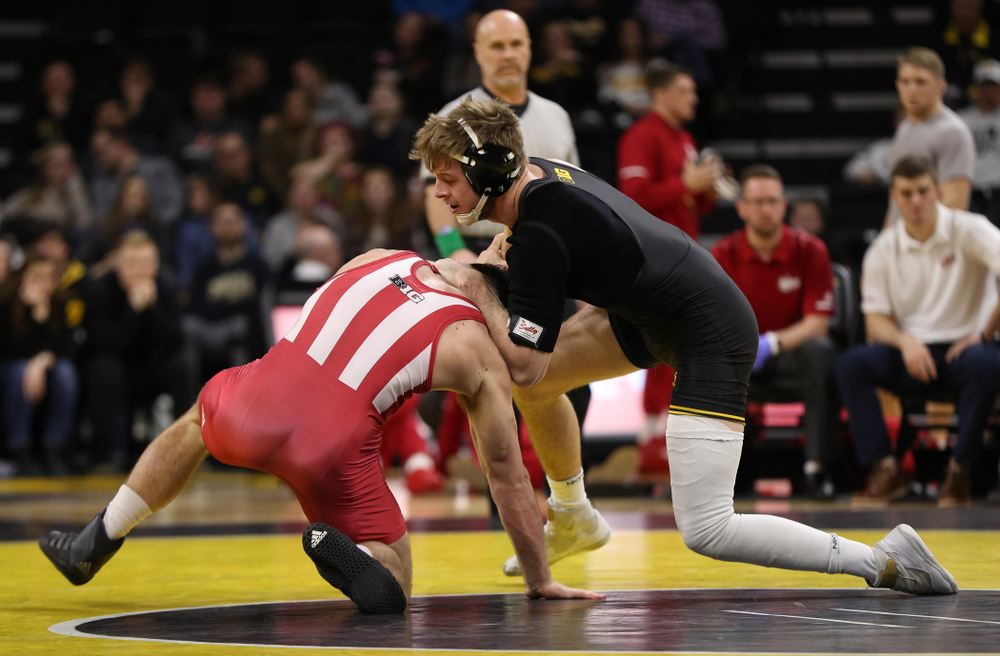Iowa's Mitch Bowman wrestles Indiana's Jacob Covaciu at 174 pounds Friday, February 15, 2019 at Carver-Hawkeye Arena. (Brian Ray/hawkeyesports.com)