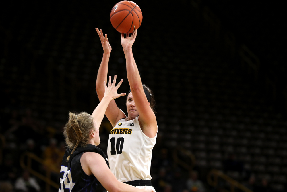 Iowa Hawkeyes forward Megan Gustafson (10) against Dakota Wesleyan University Tuesday, November 6, 2018 at Carver-Hawkeye Arena. (Brian Ray/hawkeyesports.com)