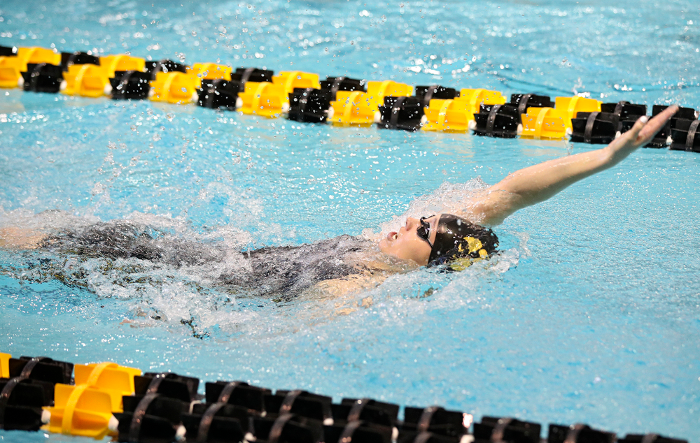 Iowa’s Samantha Sauer swims the women’s 100 yard backstroke preliminary event during the 2020 Women’s Big Ten Swimming and Diving Championships at the Campus Recreation and Wellness Center in Iowa City on Friday, February 21, 2020. (Stephen Mally/hawkeyesports.com)