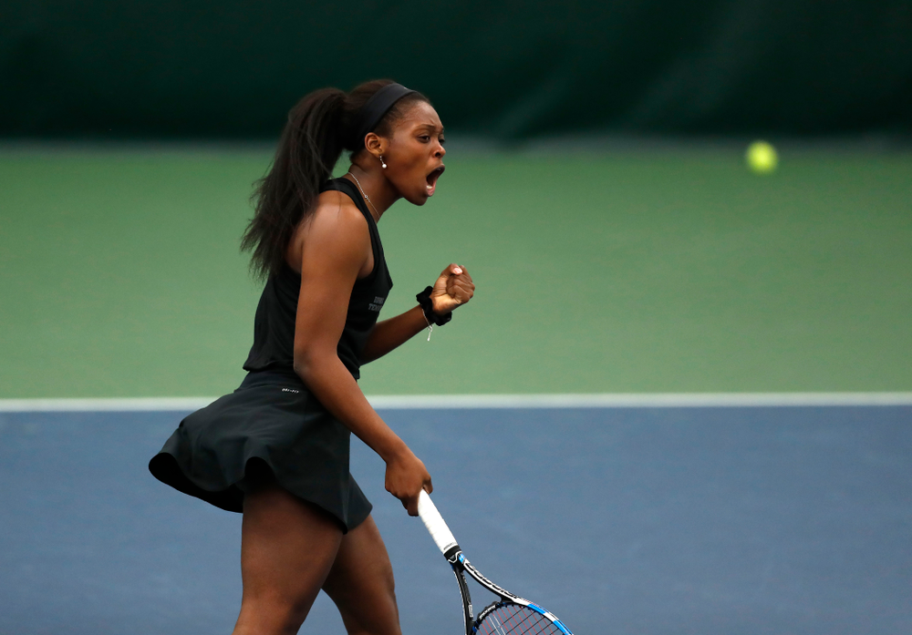 Adorabol Huckleby against Ohio State Sunday, March 25, 2018 at the Hawkeye Tennis and Recreation Center. (Brian Ray/hawkeyesports.com)