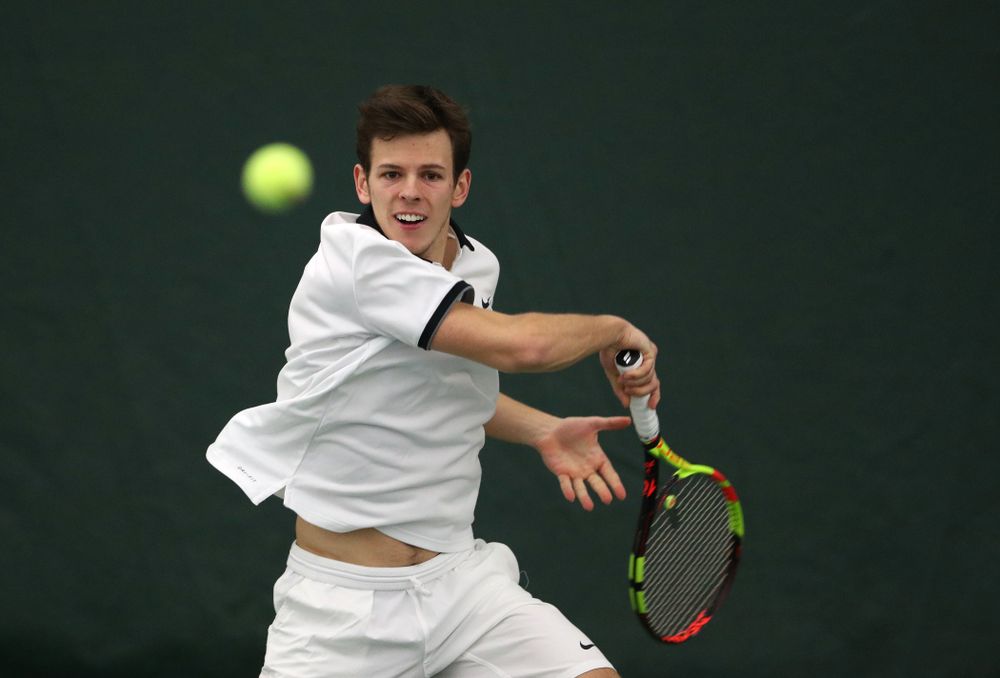 Iowa's Piotr Smietana against North Dakota Friday, January 25, 2019 at the Hawkeye Tennis and Recreation Complex. (Brian Ray/hawkeyesports.com)