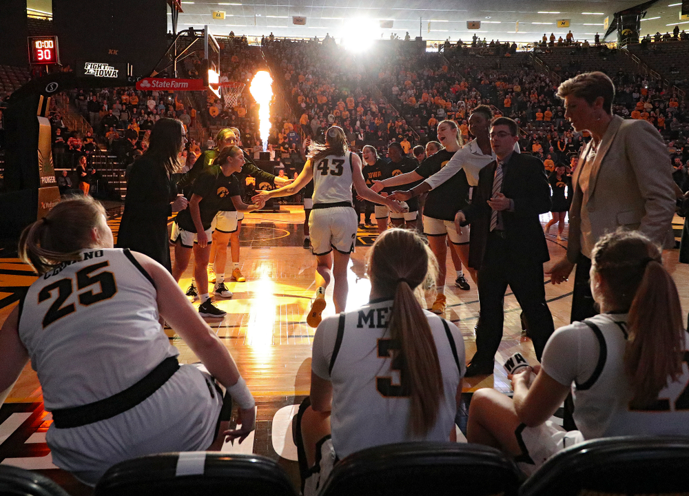 Iowa Hawkeyes forward Amanda Ollinger (43) is introduced before their game at Carver-Hawkeye Arena in Iowa City on Tuesday, December 31, 2019. (Stephen Mally/hawkeyesports.com)