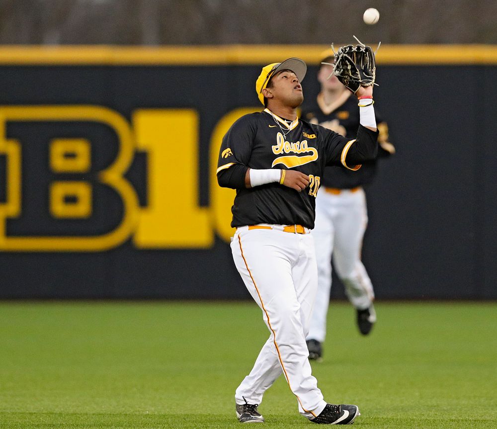 Iowa Hawkeyes second baseman Izaya Fullard (20) pulls in a pop up for an out during the seventh inning of their game against Illinois State at Duane Banks Field in Iowa City on Wednesday, Apr. 3, 2019. (Stephen Mally/hawkeyesports.com)