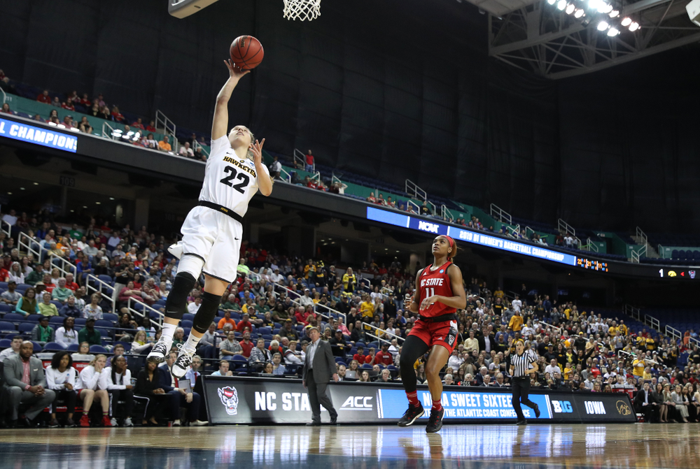 Iowa Hawkeyes guard Kathleen Doyle (22) against the NC State Wolfpack in the regional semi-final of the 2019 NCAA Women's College Basketball Tournament Saturday, March 30, 2019 at Greensboro Coliseum in Greensboro, NC.(Brian Ray/hawkeyesports.com)