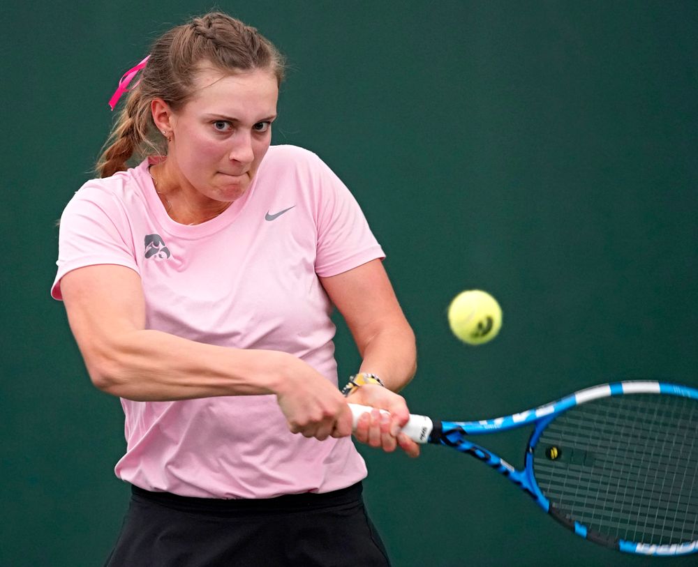 Iowa's Ashleigh Jacobs plays a match against Purdue at the Hawkeye Tennis and Recreation Complex in Iowa City on Friday, Mar. 29, 2019. (Stephen Mally/hawkeyesports.com)