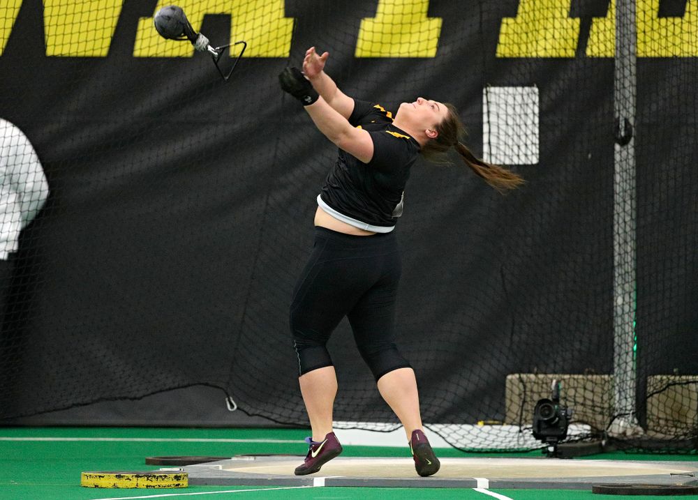 Iowa’s Jamie Kofron throws in the women’s weight throw event during the Larry Wieczorek Invitational at the Hawkeye Tennis and Recreation Complex in Iowa City on Friday, January 17, 2020. (Stephen Mally/hawkeyesports.com)