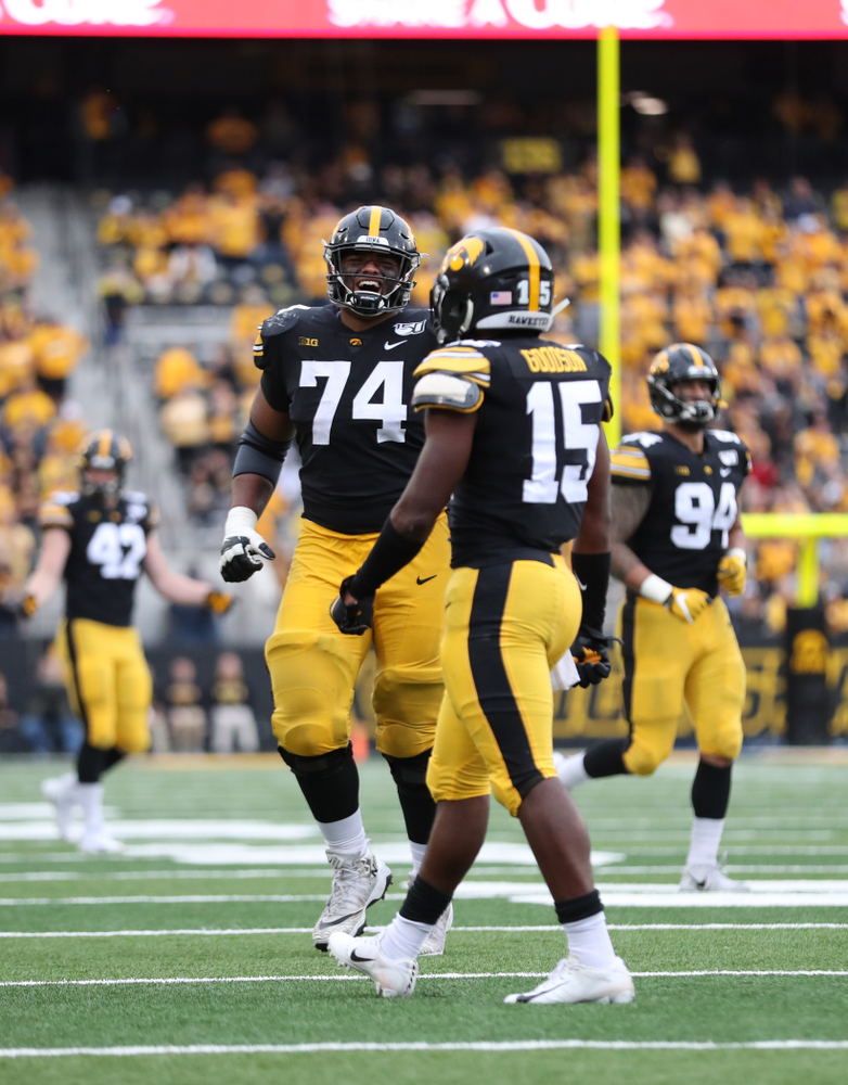Iowa Hawkeyes offensive lineman Tristan Wirfs (74) against Middle Tennessee State Saturday, September 28, 2019 at Kinnick Stadium. (Max Allen/hawkeyesports.com)