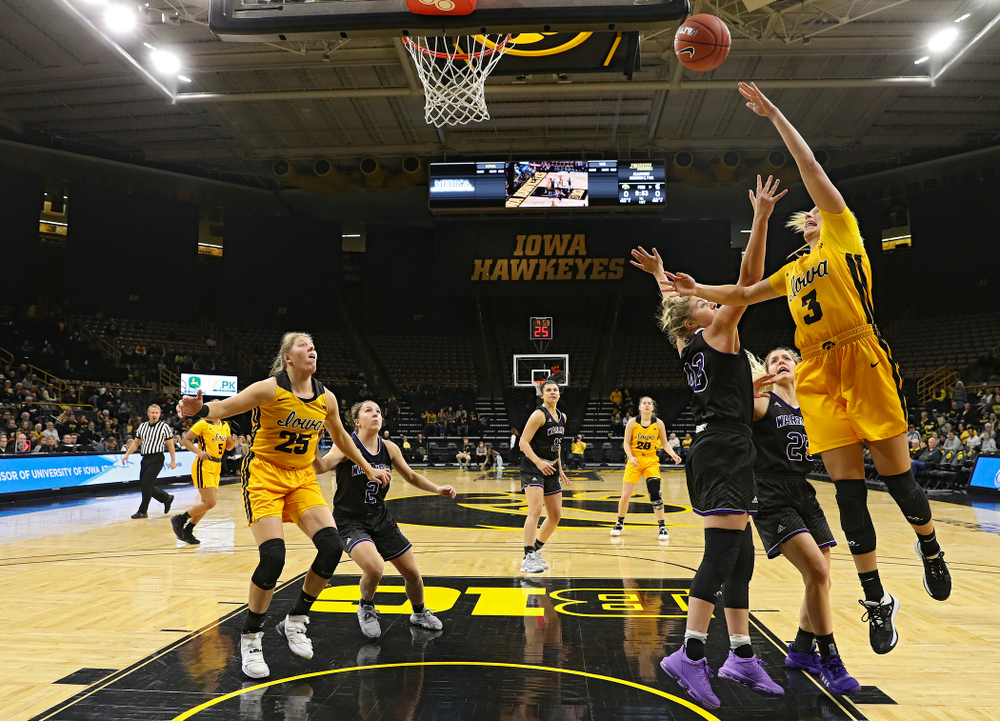 Iowa guard Makenzie Meyer (3) makes a basket during the first quarter of their game against Winona State at Carver-Hawkeye Arena in Iowa City on Sunday, Nov 3, 2019. (Stephen Mally/hawkeyesports.com)
