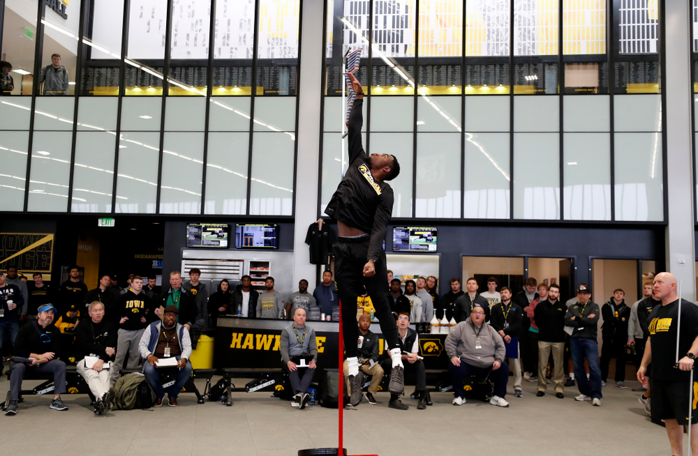 Iowa Hawkeyes defensive back Joshua Jackson (15) during the team's annual pro day Monday, March 26, 2018 at the Hansen Football Performance Center. (Brian Ray/hawkeyesports.com)