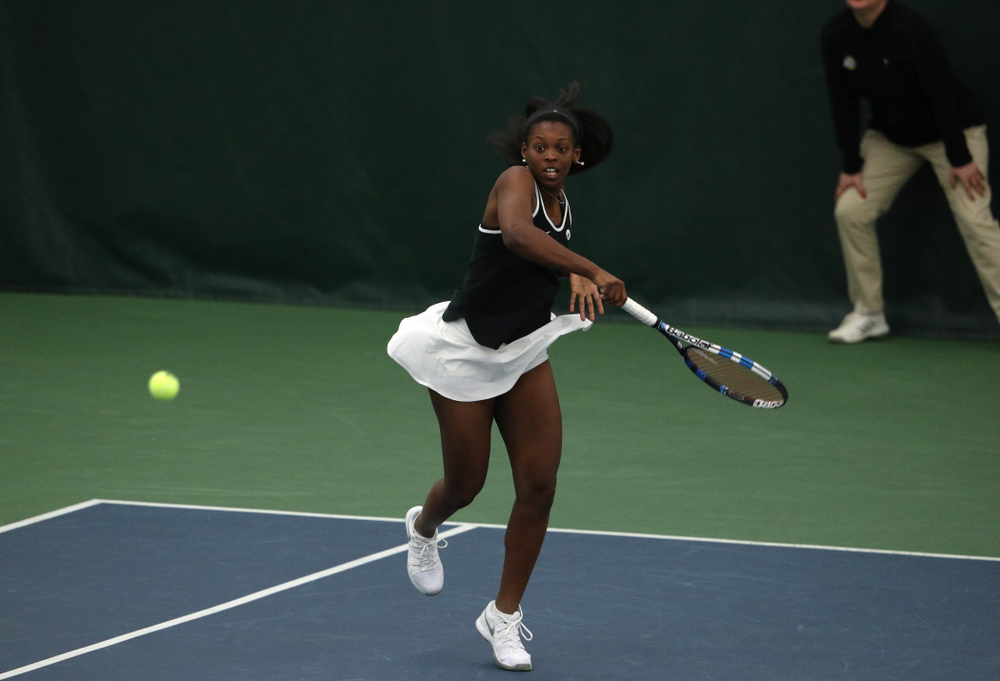 Iowa's Adorabol Huckleby during a doubles match against North Texas Sunday, January 20, 2019 at the Hawkeye Tennis and Recreation Center. (Brian Ray/hawkeyesports.com)
