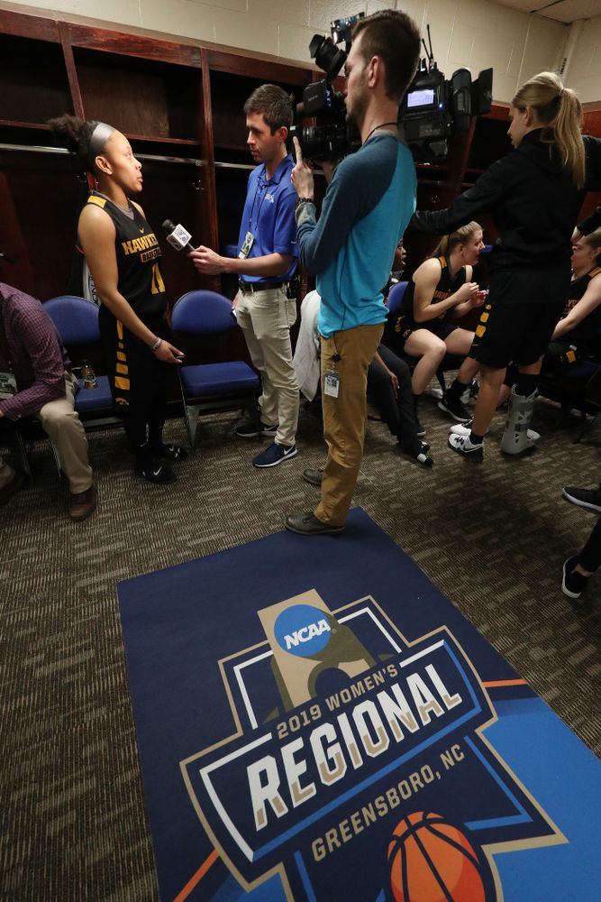 Iowa Hawkeyes guard Tania Davis (11) during media and practice as they prepare for their Sweet 16 matchup against NC State Friday, March 29, 2019 at the Greensboro Coliseum in Greensboro, NC.(Brian Ray/hawkeyesports.com)