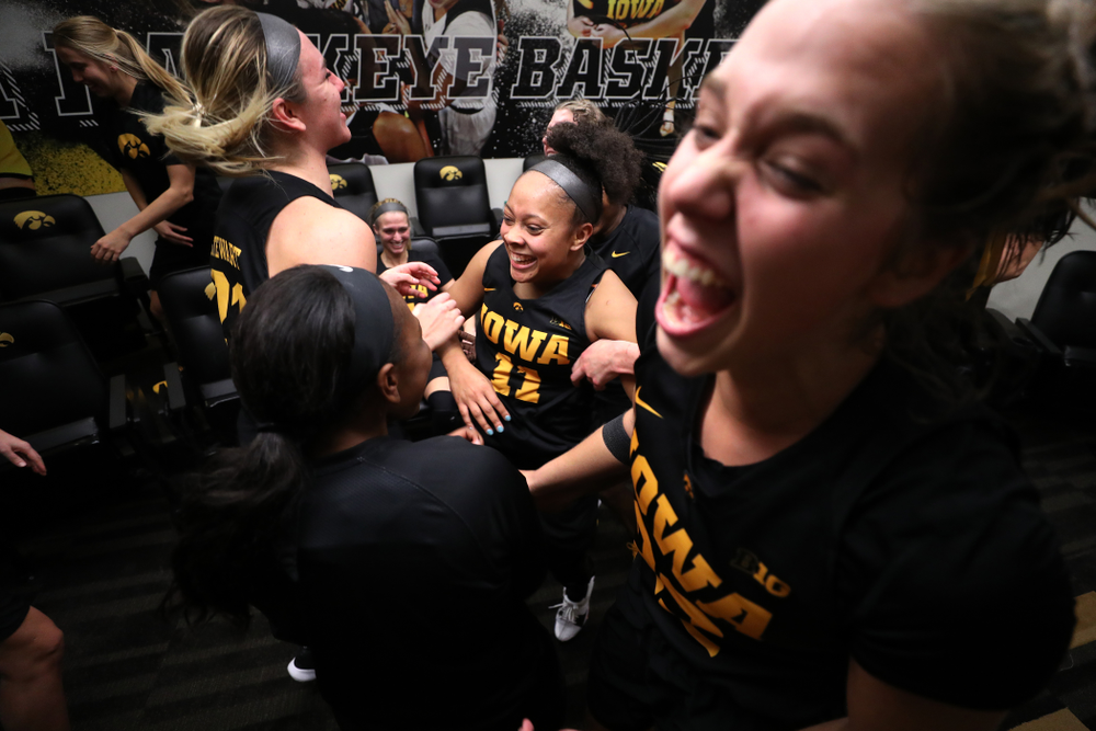 Iowa Hawkeyes guard Tania Davis (11) celebrates their 73-70 win against the Iowa State Cyclones in the Iowa Corn Cy-Hawk Series Wednesday, December 5, 2018 at Carver-Hawkeye Arena. (Brian Ray/hawkeyesports.com)