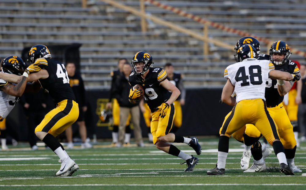 Iowa Hawkeyes wide receiver Max Cooper (19) during the final spring practice Friday, April 20, 2018 at Kinnick Stadium. (Brian Ray/hawkeyesports.com)