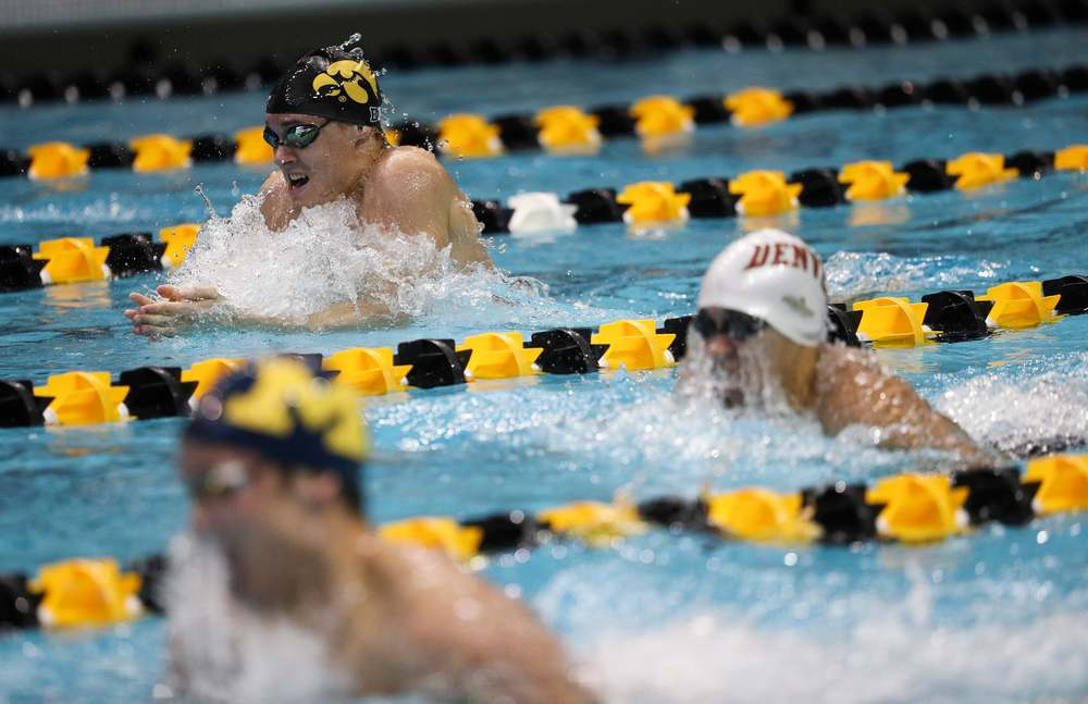 Iowa's Daniel Swanepoel competes in the 400-yard medley relay during a meet against Michigan and Denver at the Campus Recreation and Wellness Center on November 3, 2018. (Tork Mason/hawkeyesports.com)