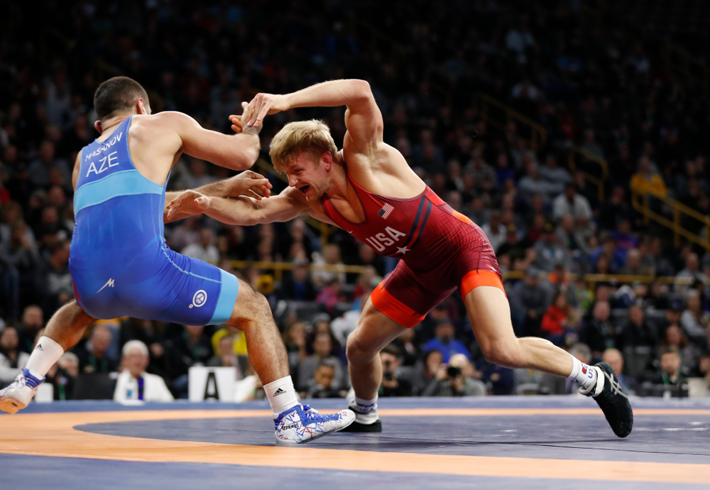 Kyle Dake during the gold medal match of the United World Wrestling Freestyle World Cup against Azerbaijan Sunday, April 8, 2018 at Carver-Hawkeye Arena. (Brian Ray/hawkeyesports.com)