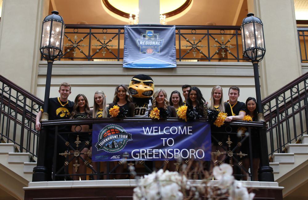 The Iowa Spirit Squad during a send off at the hotel before their game against the NC State Wolfpack in the regional semi-final of the 2019 NCAA Women's College Basketball Tournament Saturday, March 30, 2019 at Greensboro Coliseum in Greensboro, NC.(Brian Ray/hawkeyesports.com)