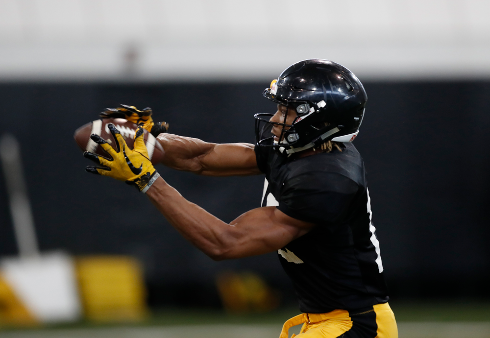 Iowa Hawkeyes wide receiver Brandon Smith (12) during spring practice Saturday, March 31, 2018 at the Hansen Football Performance Center. (Brian Ray/hawkeyesports.com)