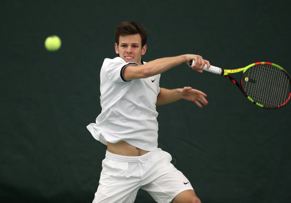 Iowa's Piotr Smietana against North Dakota Friday, January 25, 2019 at the Hawkeye Tennis and Recreation Complex. (Brian Ray/hawkeyesports.com)