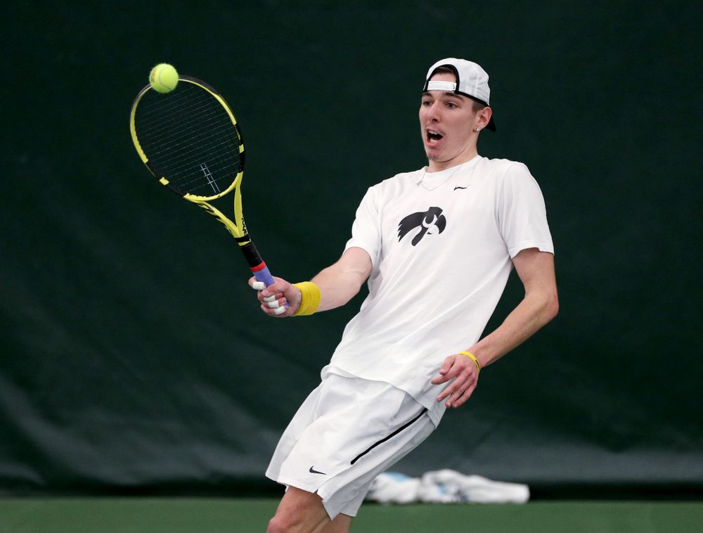 Iowa’s Nikita Snezhko against Cornell Sunday, March 8, 2020 at the Hawkeye Tennis and Recreation Center. (Brian Ray/hawkeyesports.com)