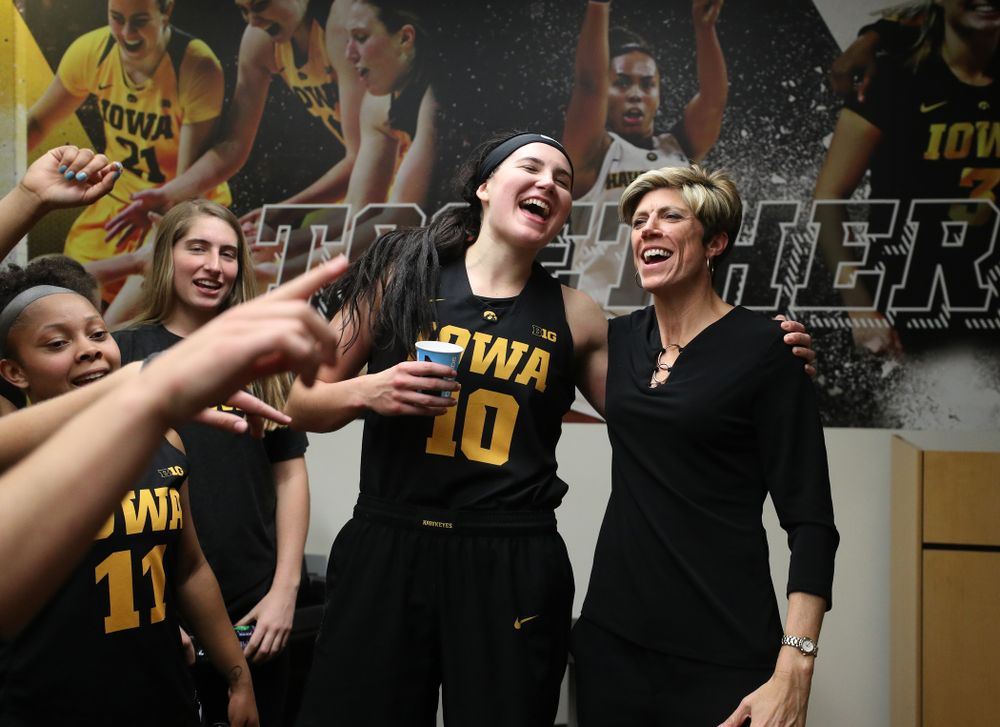 Iowa Hawkeyes forward Megan Gustafson (10) and associate head coach Jan Jensen against the Iowa State Cyclones in the Iowa Corn Cy-Hawk Series Wednesday, December 5, 2018 at Carver-Hawkeye Arena. (Brian Ray/hawkeyesports.com)