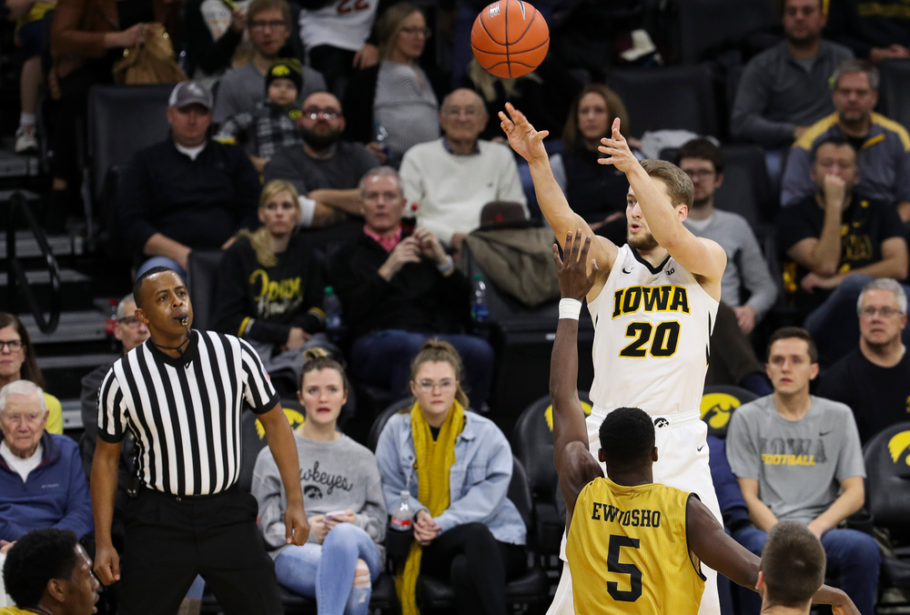 Iowa Hawkeyes forward Riley Till (20) shoots the ball during a game against Alabama State at Carver-Hawkeye Arena on November 21, 2018. (Tork Mason/hawkeyesports.com)
