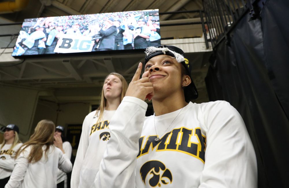 Iowa Hawkeyes guard Tania Davis (11) during a celebration of their Big Ten Women's Basketball Tournament championship Monday, March 18, 2019 at Carver-Hawkeye Arena. (Brian Ray/hawkeyesports.com)