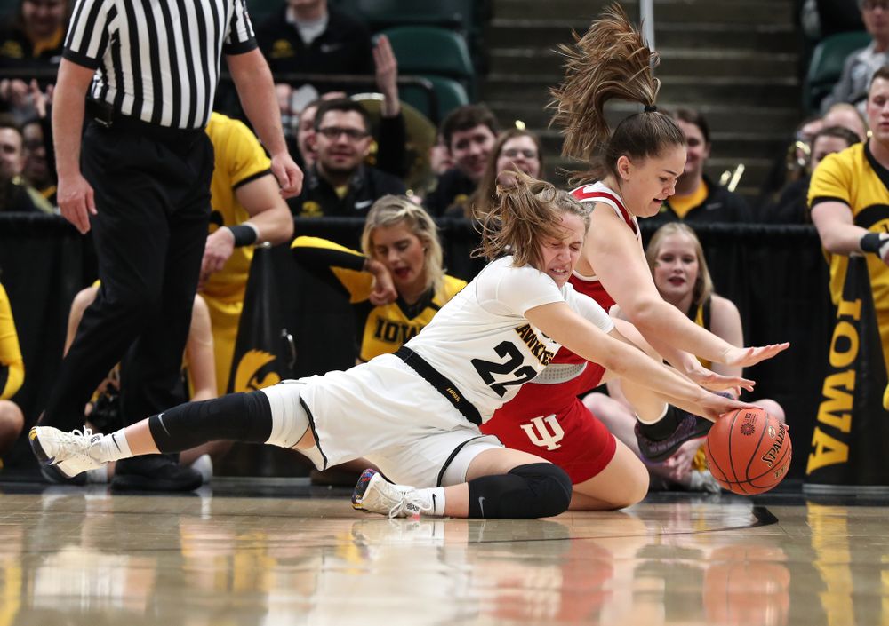 Iowa Hawkeyes guard Kathleen Doyle (22) against the Indiana Hoosiers in the quarterfinals of the Big Ten Tournament Friday, March 8, 2019 at Bankers Life Fieldhouse in Indianapolis, Ind. (Brian Ray/hawkeyesports.com)