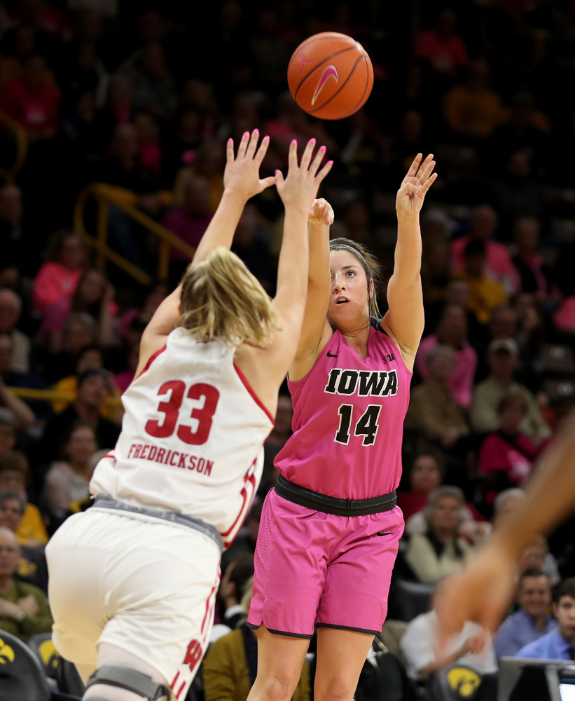 Iowa Hawkeyes forward McKenna Warnock (14) against the Wisconsin Badgers Sunday, February 16, 2020 at Carver-Hawkeye Arena. (Brian Ray/hawkeyesports.com)