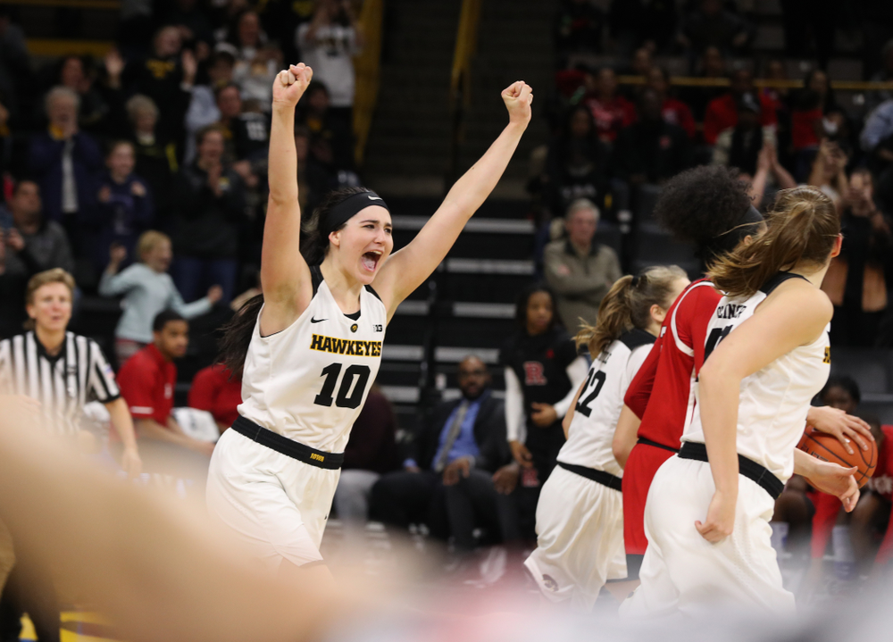 Iowa Hawkeyes forward Megan Gustafson (10) celebrates their victory over the Rutgers Scarlet Knights Wednesday, January 23, 2019 at Carver-Hawkeye Arena. (Brian Ray/hawkeyesports.com)