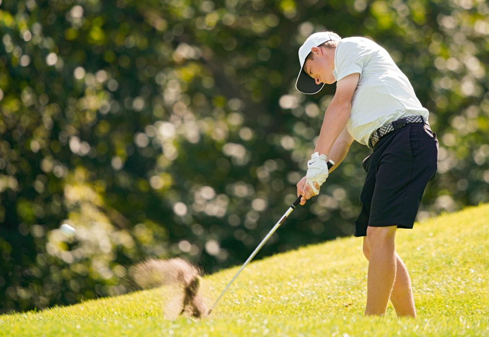 Iowa’s Matthew Garside tees off during the second day of the Golfweek Conference Challenge at the Cedar Rapids Country Club in Cedar Rapids on Monday, Sep 16, 2019. (Stephen Mally/hawkeyesports.com)